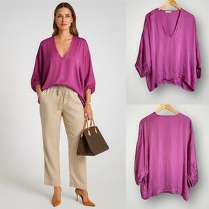 Stark X Satin Blouse V Neck 3/4 Dolman Sleeve Womens Size Small Relaxed Evening